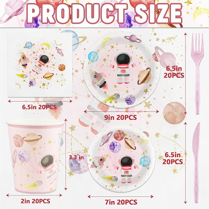 120 PCS Space Party Supplies, Disposable Pink Moon Star Paper Plates Napkins - Image 2