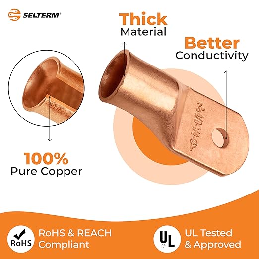SELTERM 5pcs 4/0 AWG 1/4" Stud Copper Wire Lugs, Ring Terminals, Battery Cable Ends, 0000 Gauge Ring Terminal Connectors, UL Heavy Duty Bare Copper Eyelets Battery Terminal Connectors