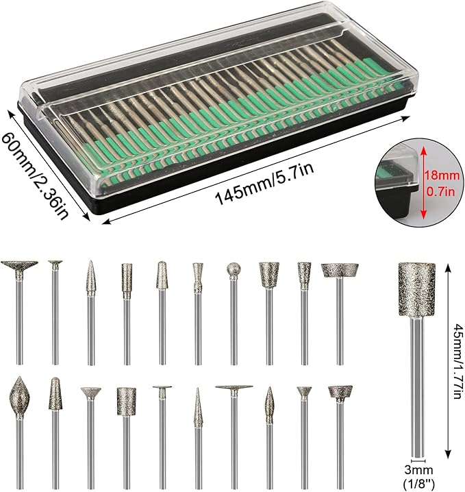 Stone Carving Set Diamond Burr Bits Compatible with Dremel, 50PCS Polishing Kits Rotary Tools Accessories with 1/8’ Shank For Carving, Engraving, Grinding, Stone, Rocks, Jewelry, Glass, Ceramics