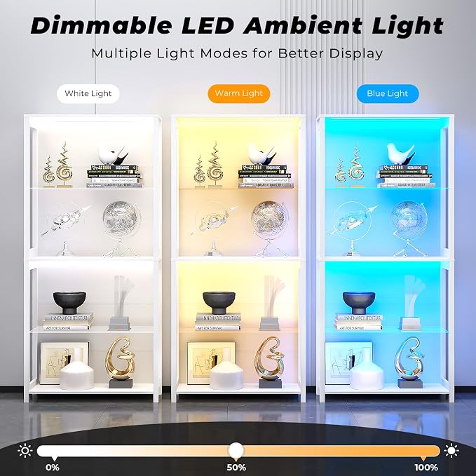 Display Cabinet with Glass Shelves, 4-Tier Display Shelf with LED Lights - Image 3