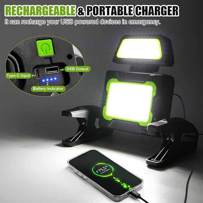 Rechargeable Work Light with Clamp, 3000 Lumen Magnetic Work Light Battery Powered with 5 Light Modes, 350° Rotation, Portable Job Site Lighting for Construction Site, Workshop, Car Repairing