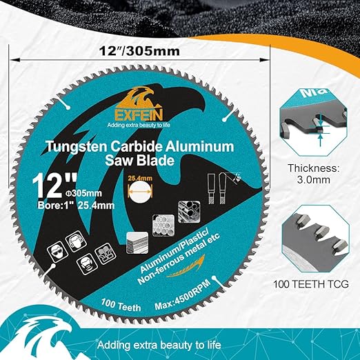 12 Inch 100 Teeth Aluminum and Non-Ferrous Metal Cutting Circular Saw Blade with 1 Inch Arbor, TCG Saw Blade for Thin Aluminum and Plastic