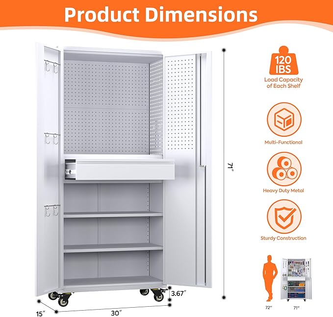 Metal Garage Storage Cabinet with Wheels,71" H Rolling Tool Cabinet with Pegboard,Hooks and 1 Drawer for Garage Warehouse Home, Assembly Required,White