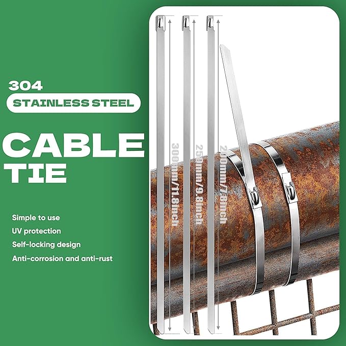 Stainless Steel Cable Tie Gun Set, with 150PCS Metal Zip Ties (Includ 6, 7.8, 9.8, 11.8 Inch), Adjustable Fastening Cutting Tie Tool Sets for Fencing, Exhaust Pipes, Automotive