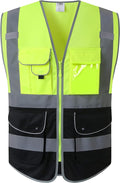 JKSafety 9 Pockets High Visibility Zipper Front Safety Vest With Reflective Strips,Meets ANSI/ISEA Standard (150-Yellow-Black, 3XL)