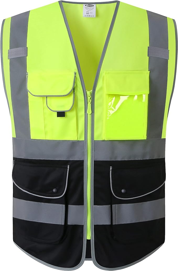 JKSafety 9 Pockets High Visibility Zipper Front Safety Vest With Reflective Strips,Meets ANSI/ISEA Standard (150-Yellow-Black, 3XL)