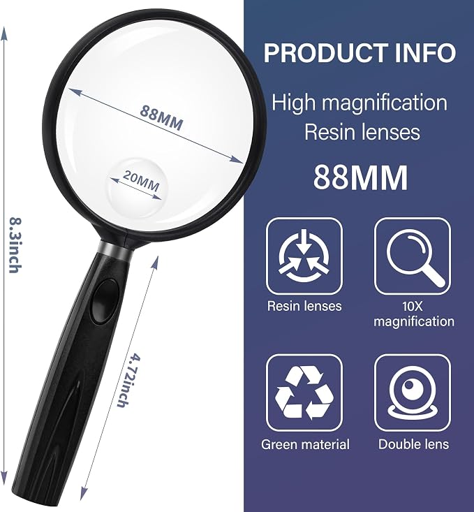 Feosky Handheld Reading Magnifier, 10X Magnifier, 90mm Shatterproof Lens - Image 2