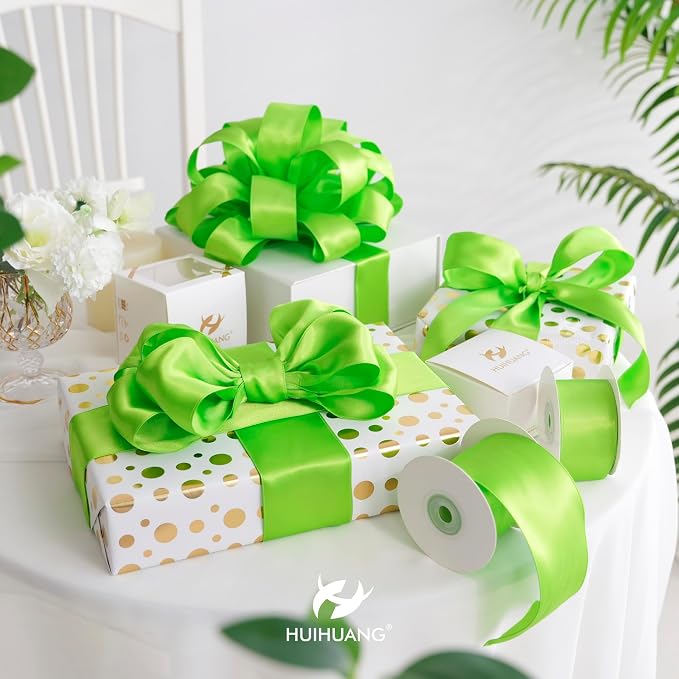 HUIHUANG Lime Green Wired Ribbon 2.5 inch Green Satin Wire Ribbon - Image 5