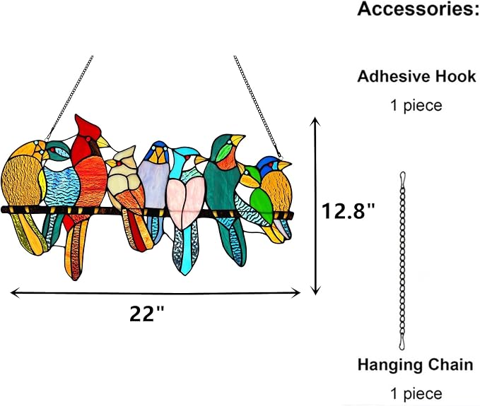 Stained Glass Birds Window Hangings, 9 Multicolor Stained Glass Birds on Branch - Image 4