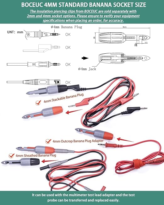 Insulation Piercing Clips Set, 2 Pack 2 mm Heavy Duty Needle Electronic Wire Piercing Probe for Multimeter Voltmeter Thermometer Testing Tool