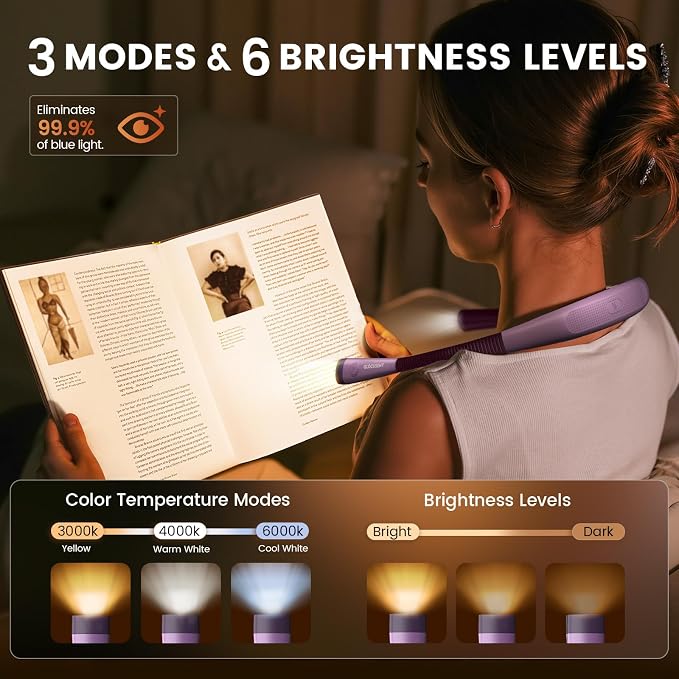 Glocusent Book Light, 3-Color & 6-Brightness Reading Light, Bendable Neck Light - Image 2