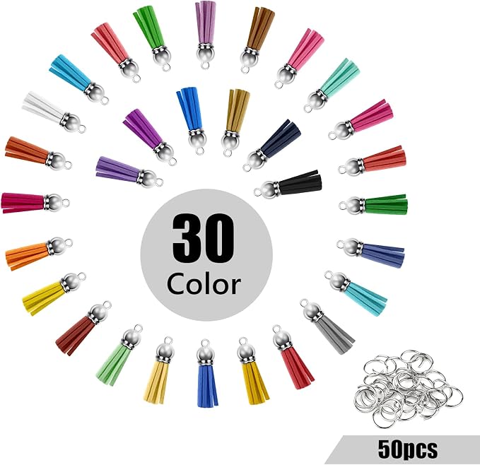 120 Pack Leather Keychain Tassels Charms Silver White Cap Multicolor Tassels - Image 2