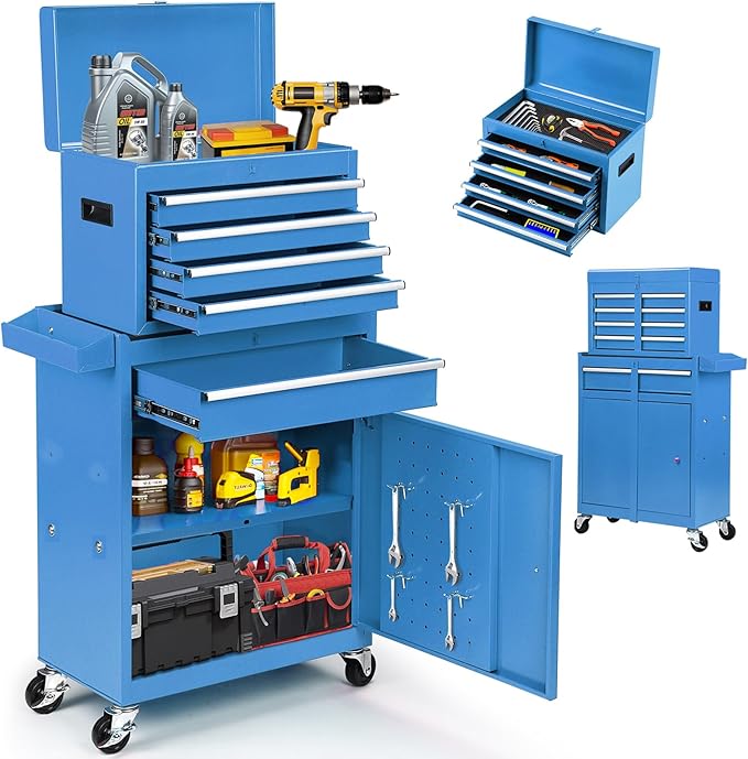 Rolling Tool Chest, 5-Drawer Tool Cabinet with Lockable Wheels and Detachable Top Tool Box, Tool Cart for Warehouse, Workshop, Blue