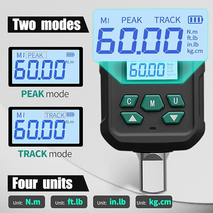 1/2-Inch Drive Digital Torque Adapter, 2.2-44.2 ft-lb (3-60 Nm), ±2% Accuracy - Electronic Torque Meter Gauge & Checker with Buzzer & LED Alerts for Automotive, Motorcycle, Bicycle Repair