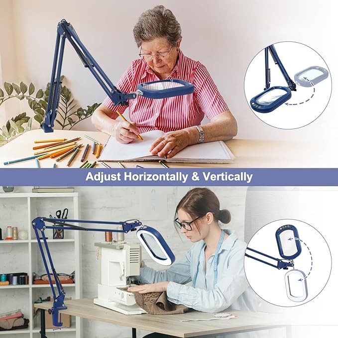 10X Rectangle Magnifying Glass with Light and Clamp, 5 Color Modes Stepless Dimmable, Lighted Magnifier with Stand Hands Free, Flexible Swing Arm LED Desk Lamp for Close Work, Craft, Reading - Blue