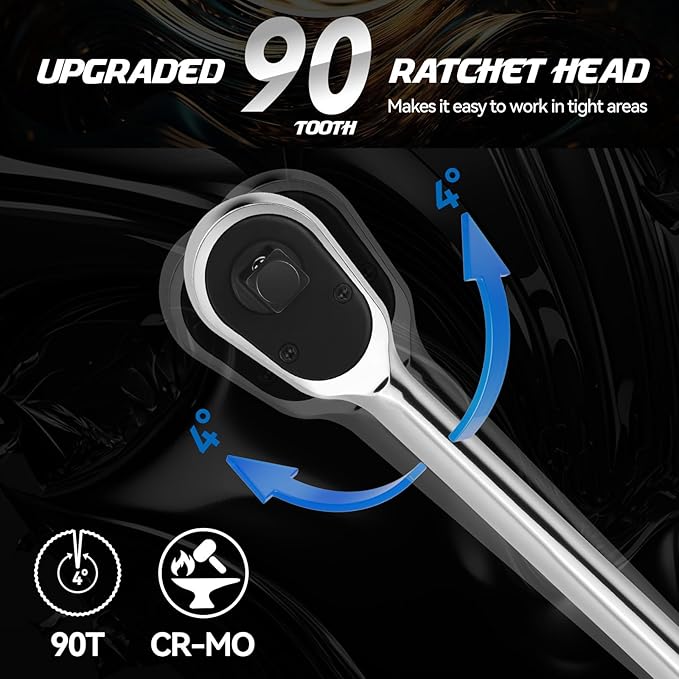DISEN 3/8" Drive Ratchet,90-Tooth Ratchet Wrench with 10" Handle and Dust Proof Teardrop Enclosed Head, Reversible, CR-V Steel Made, CR-MO Head, Full Polished, Gifts for Men