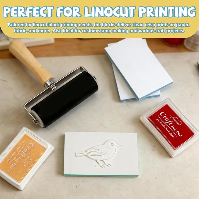 17 Pack Linoleum Block Stamp Making Kit, 3 Ink Pads, Brayer Roller & 6 Type - Image 5