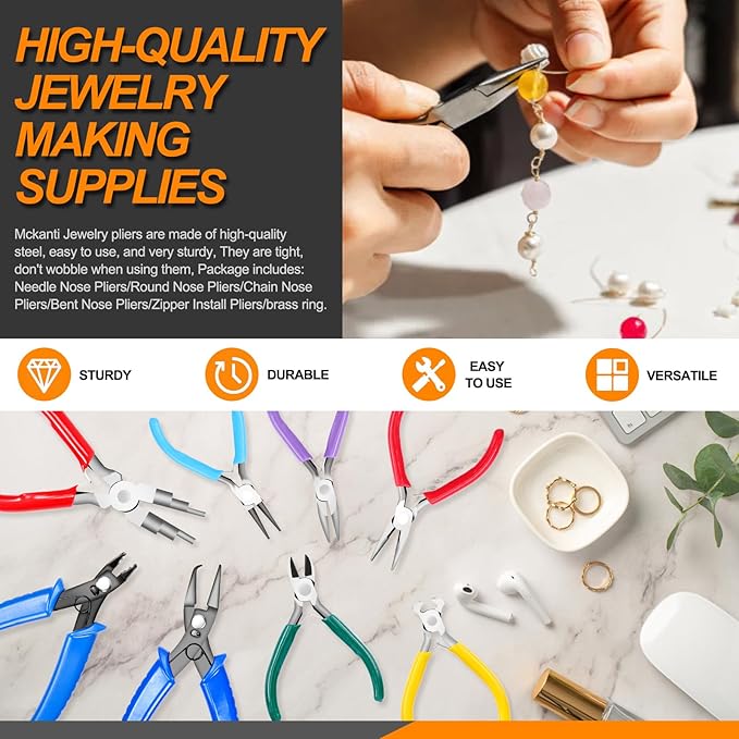 Jewelry Pliers Set - 9 Pcs, Long Nose, Round Nose, Diagonal Wire Cutter, End Cutting, Bail Making, Bead Crimping, Split Ring Plier