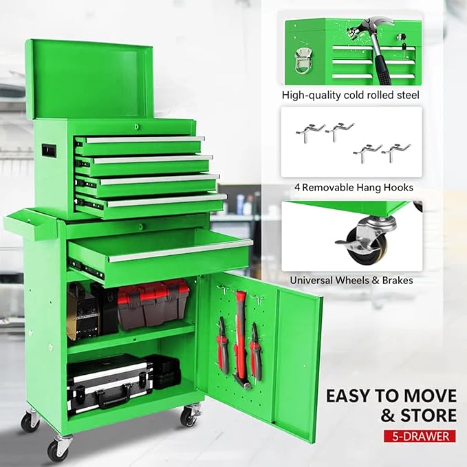 Rolling Tool Chest - 5 Drawers Tool Box Organizer with Lockable Wheels, Sliding Drawers, Detachable Top Tool Box - Tool Storage Cabinet for Garage Workshop, Green