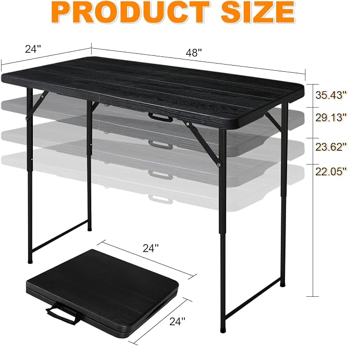 4ft Folding Table, Portable Fold-in-Half Adjustable Height Utility Table - Image 2