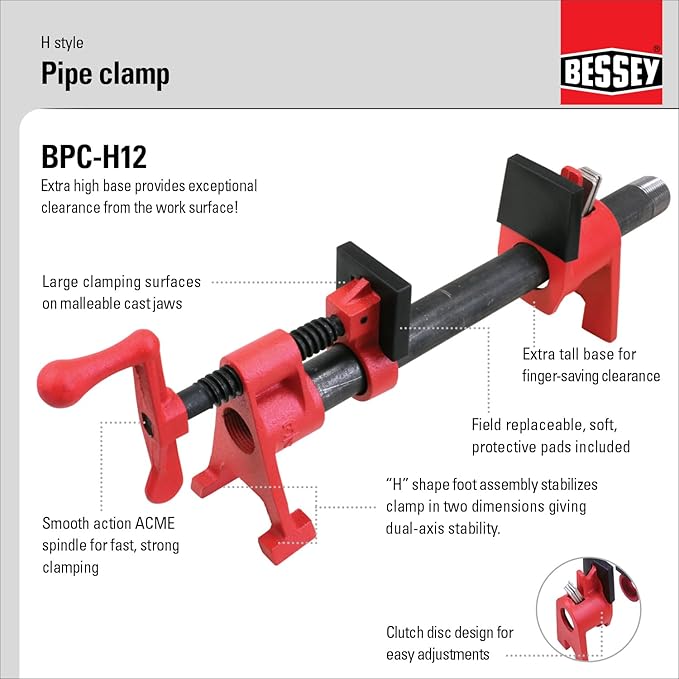 BESSEY BPC-H12, 1/2 In. H Style Pipe Clamps - Incredibly Versatile, Easy To Assemble, Indespensable Workshop Clamp For Woodworking, Carpentry, Home Improvement, and DIY Projects