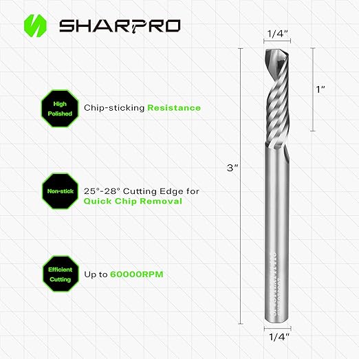 O Flute Upcut Spiral Router Bit 1/4 Inch Shank 1/4" Cutting Dia. 1" CL. 3" OVL. Carbide Single Flute CNC Router Bit, Ideal for Aluminum, Plastic, Acrylic, Wood, MDF and PVC