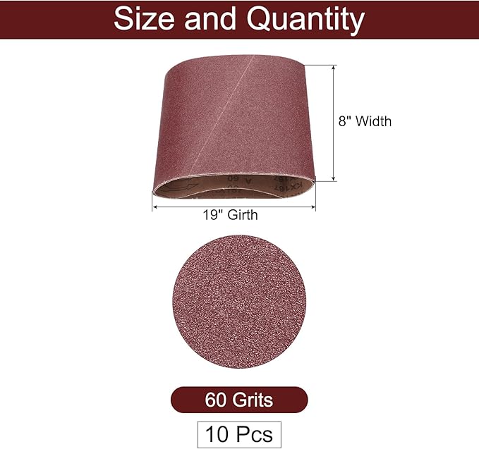 uxcell 10pcs 8" x 19" Sanding Belts 60 Grits Aluminum Oxide Abrasive Belt Sander Paper Sanding Papers for Metal Wood Grinding Polishing, Reddish Brown
