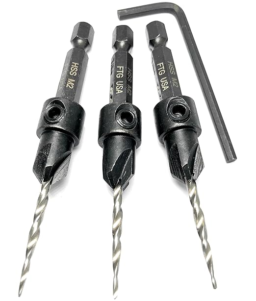 FTG USA Adjustable Wood Countersink Drill Bit Set 3 Pc #4 (7/64"") with Tapered Drill Bit for Woodworking