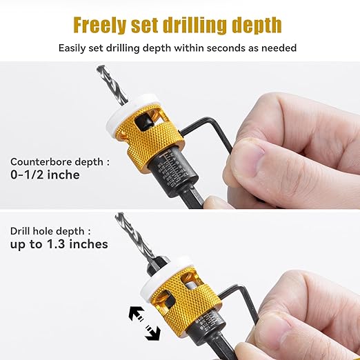 5 Pcs Countersink Drill Bit Set with Low Friction Depth Stop, HSS M2 Bits Tapered Head1/8 9/64" 5/32" Drill+3/8” 82° Counter-Bore,11/64" 3/16" Drill+ 1/2" 82° Counter Bore,1/4” Hex Shank (Yellow)
