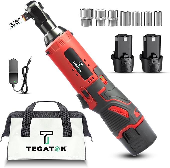 Cordless Electric Ratchet Wrench Set, 40FT-LBS (45N.m) 3/8" Electric Ratchet, 12V Cordless Ratchet Wrench, 2 x 2.0Ah Batteries Impact for Car Home, Red