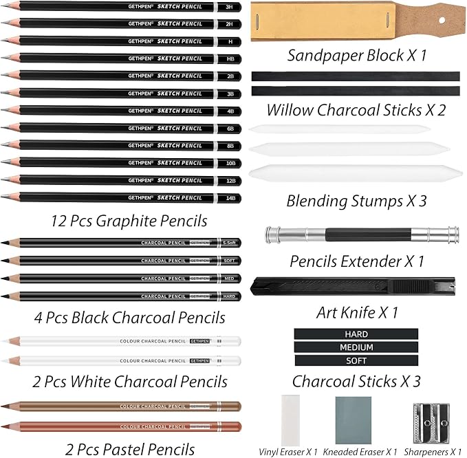GETHPEN 34Pcs Sketch Drawing Kit, Graphite 14B-4H Charcoal Pencils Sticks | - Image 2