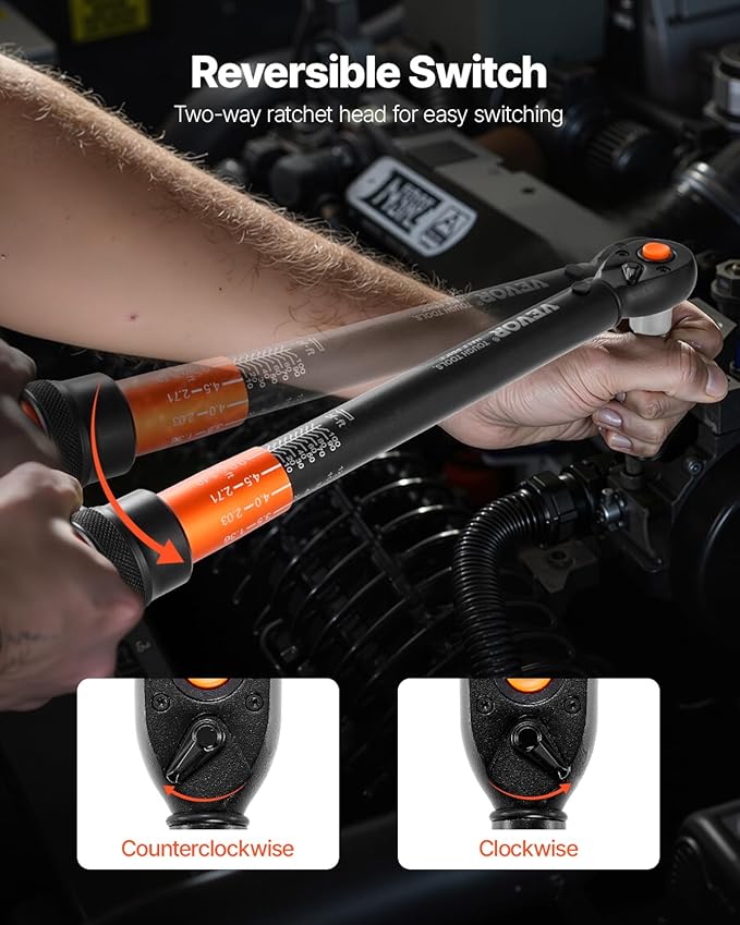 VEVOR 3/8 Inch Drive Torque Wrench, 10-100 ft.lb/13.6-135.6 Nm, Dual-Direction Adjustable Click Torque Wrench with 1/2 & 1/4 adapter, 3" Extension Bar, for Automobile Repair
