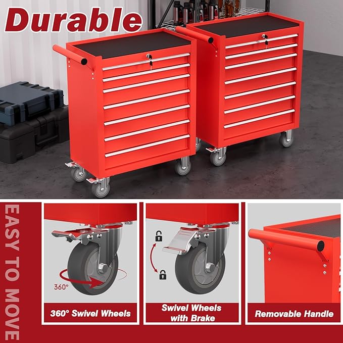 Rolling Tool Chest with Drawers, 7 Drawers Tool Chests & Cabinets, Metal Toolbox with Wheels, Lockable Storage Cabinet, Garage Tool Box with Drawers (Red, 7 Drawers)