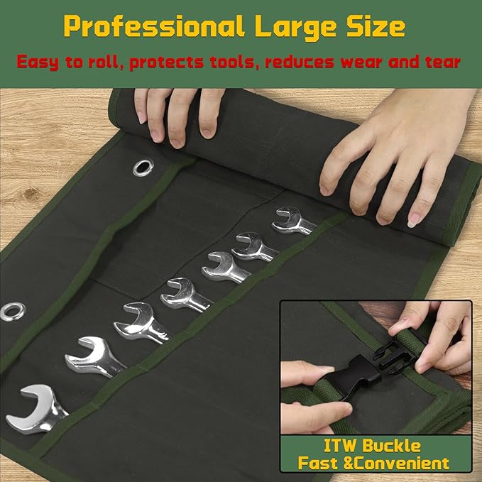 Heavy-Duty 32-Pocket Wrench Roll-Up Organizer - Made with 16 oz. Waxed Canvas, Fits Metric & SAE Wrenches, Perfect for Mechanics, DIYers, and Tool Storage (Army Green)