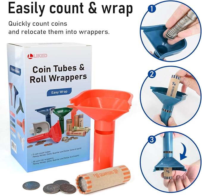 L LIKED 30 Assorted Preformed Coin Wrappers & 5 Coin Sorters Tubes, Color-Coded - Image 4