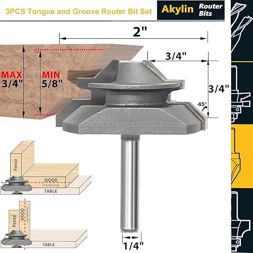 3Pc Tongue and Groove Router Bit Set 1/4 Shank,45 Degree Lock Miter Bit,3 Teeth T Shape Glue Joint Cutter,in Aluminum Case for Wood Cabinet Door/Board Tabletops/Strip Flooring Making