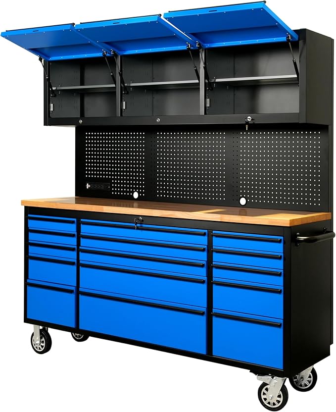 CT Copper Tailor 72-inch Rolling Tool Chest with Integrated Power Strip,15 Drawers and Wheels, Garage Workbench with Storage, 3 Upper Cabinets, Pegboard in Blue