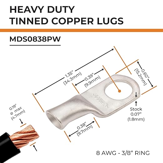 SELTERM 10pcs 8 AWG-3/8 Stud Tinned Copper Wire Lugs, Heavy Duty Battery Cable Ends,8 Gauge Ring Terminals, UL Battery Lugs Marine Grade Copper Eyelets Electrical Battery Terminal Connectors