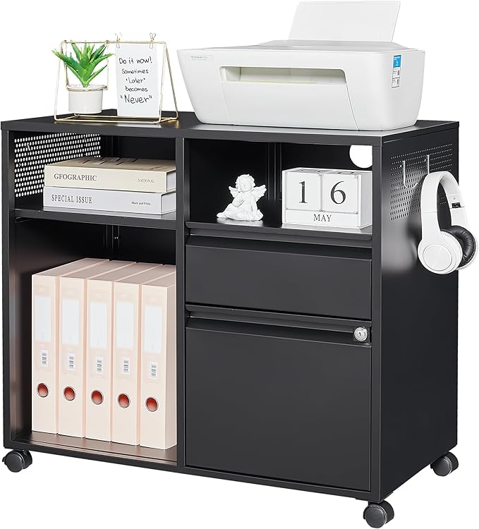 Letaya Mobile File Cabinet, Metal Lateral Rolling Printer Stand Filing Cabinets with Shelves for Home Office-Storage A4/F4/Letter (Black)