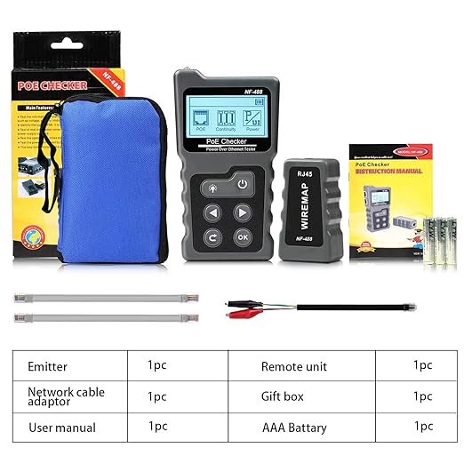 NF-488 Network Cable Testers RJ45 Continuity Checking CAT5 CAT6 LAN Ethernet Cables POE Ethernet Power Tester DC Power & Switch Loop-Back Test POE Detector Network Tool