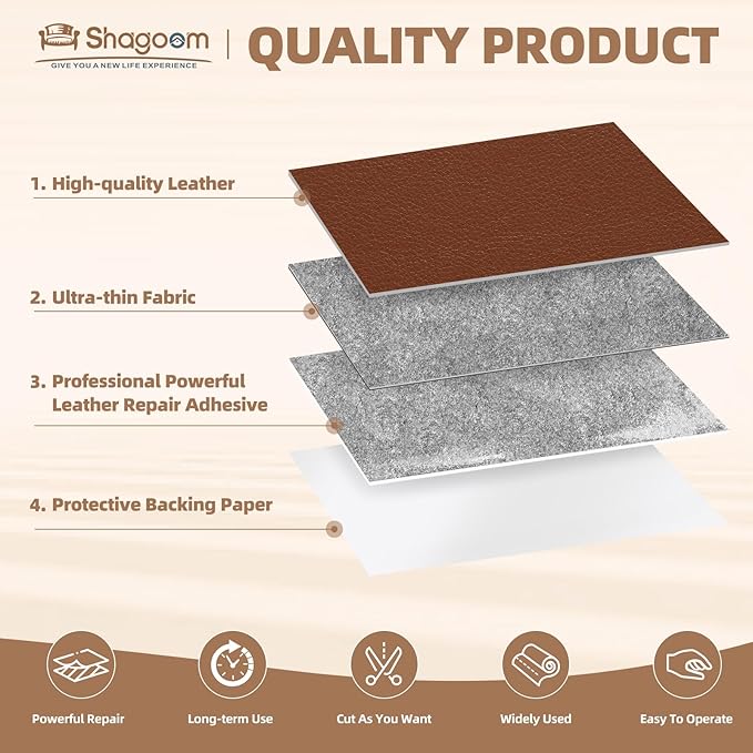 Shagoom Leather Repair Patch, Repair Patch Self Adhesive Waterproof, DIY Large Leather Patches for Couches, Furniture, Kitchen Cabinets, Wall （Light Brown, 3.5X79 Inch）