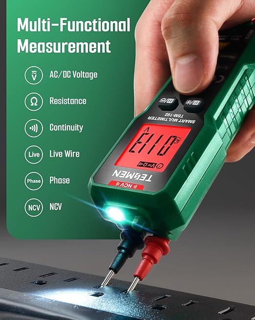 TESMEN TSM-192 Handheld Digital Multimeter, Voltage Tester with Leads, Voltmeter Measures Phase, NCV, AC/DC Voltage, Resistance, Continuity & Live Wire for Automotive Testing, Household-Green