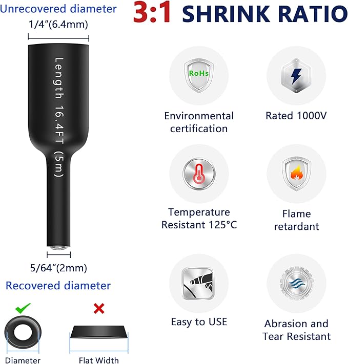 1/4inch Heat Shrink Tubing, 16.4 Ft 3:1 Heat Shrink Tube Dual Wall Adhesive Lined, Waterproof Marine Shrink Wrap Tubing, Electrical Industrial Automotive Sealing Heat Shrink Tubing for Wire Insulation