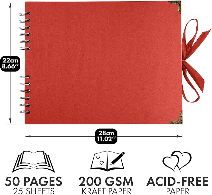 Bstorify Square Scrapbook Photo Albums 50 Pages Red Thick Paper, Ribbon Closure - Image 2