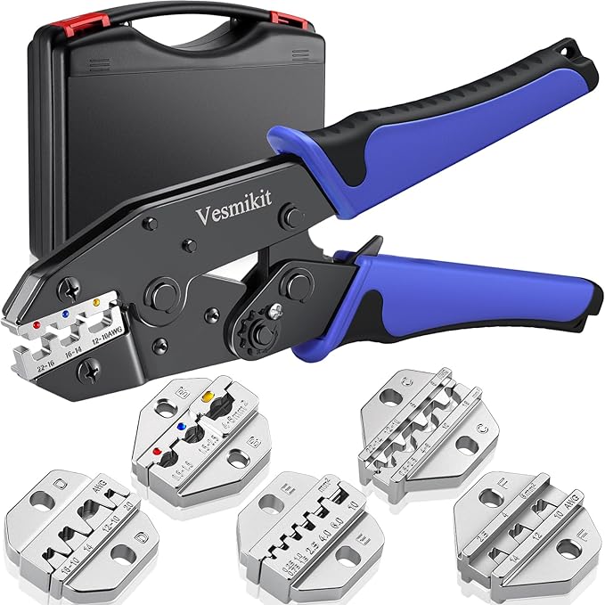 Crimping Tool Set 6PCS - Ratchet Wire Crimping Tool for Heat Shrink,Insulated Nylon,Non-Insulated,wire ferrules,Open Barrel Terminals,Solar Connectors - Crimper with 6 Interchangeable Die
