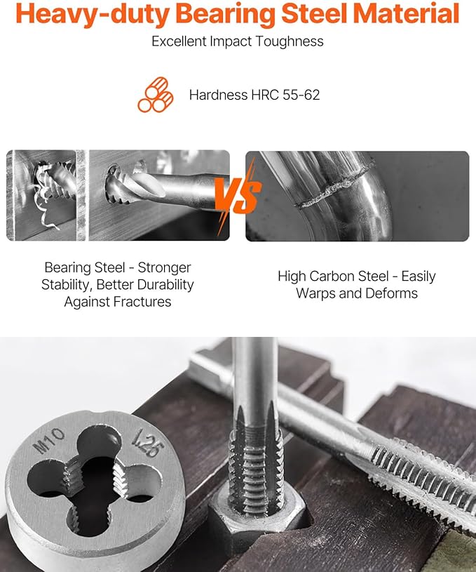 VEVOR 40 pcs Tap and Die Set, Metric Size M3-M12 Rethreading Tapping Tools Kit, Made of Durable Bearing Steel, Includes Full Accessories and Storage Case, for Internal and External Thread Cutting