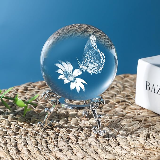 3D Butterfly Crystal Ball with Stand Lase Engraved Glass Sphere Paperweight - Image 7