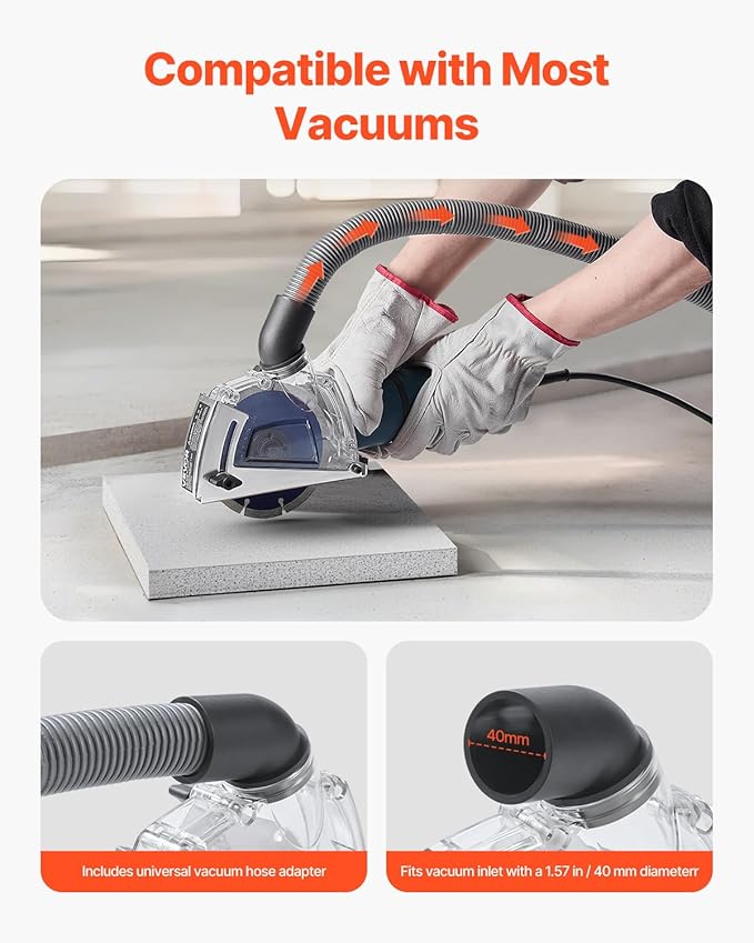 VEVOR Cutting Dust Shroud for Angle Grinders, Universal 4-5 in Angle Grinder Dust Shroud with 6 Clamping Washers & 5 in Diamond Grinding Cup Wheel, Adjustable Cutting Depth, Connect to Vacuum Cleaner