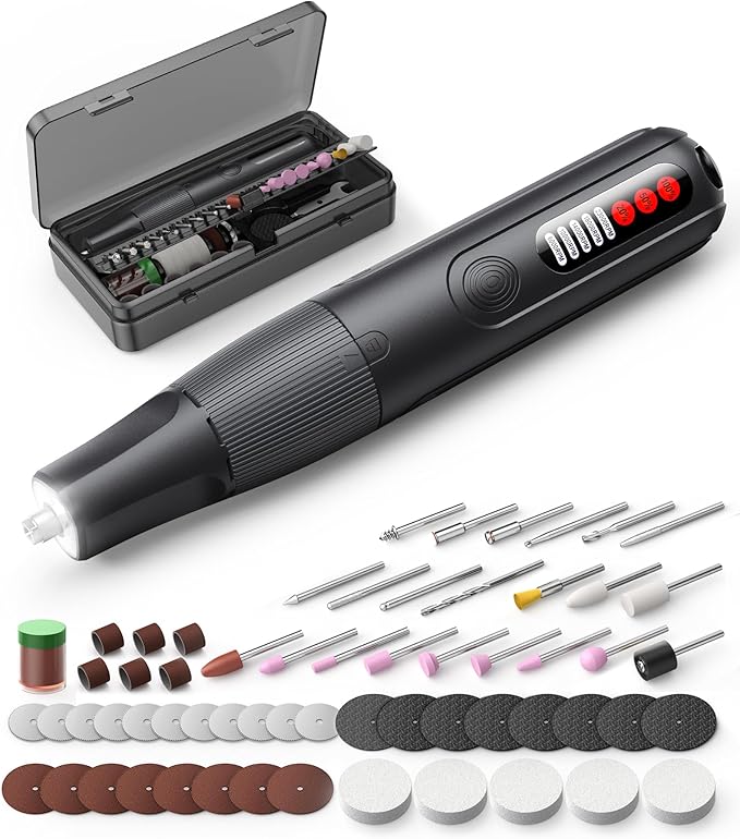 Cordless Rotary Tool, 8V Multi Tool with Auto-Lock Chuck & 5 Speed, 23,000RPM Rechargeable Engraver Kit with 62 Accessories, for Sanding, Polishing, Drilling, Carving, DIY Crafts