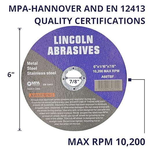 100 Pc 6" x 1/16" x 7/8" Cut-Off Wheels Lincoln Abrasives Metal & Stainless Steel